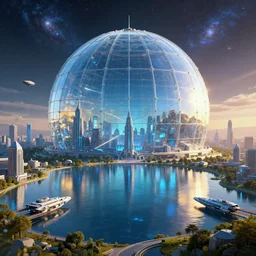 cyberpunk city, lake, spacecrafts, futuristic, giant glass dome in space, golden hour, light diffusion, galaxy, stars, hyperrealistic, award winning, low poly, photography, blue, glass, extremely wide angle