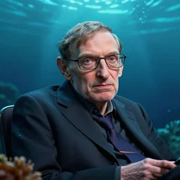 Stephen Hawking at the bottom of the ocean volumetric lighting, HDR, polished, micro details, ray tracing, 8k