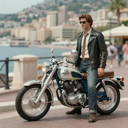 beautiful hyperrealism three point perspective film still of a monaco oceanfront promenade with ( 1 9 7 0 s ) motorcycle parked scene in matrix meets ronin ( 1 9 9 0 ) extreme closeup portrait in style of frontiers in translucent porcelain miniature street photography fashion edition, focus on chrome detail, tilt shift style scene background, soft lighting, kodak portra 4 0 0, cinematic style, telephoto by emmanuel lubezki