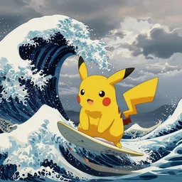 pikachu surfing on the great wave