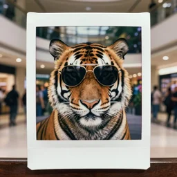 super awesome head to shoulder portrait polaroid film photograph of a tiger in a mall wearing aviator shades. super resolution. surreal. extremely detailed. polaroid 6 0 0 film. by annie leibovitz and richard avedon