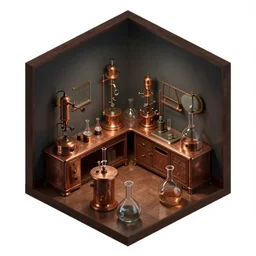 dark isometric indoor vintage laboratory with copper equipment in a cubic room with large victorian beakers