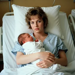 sharon tate in a hospital bed holding her newborn