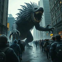 epic indigenous monster creature in chaotic toronto downtown, crowd of panicked bystanders. ominous, by eytan zana and balazs agoston, jad saber, aaron limonick, pablo dominguez and florent lebrun and robby johnson, unreal engine 5, denis villeneuve