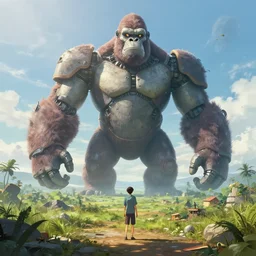 GIANT ROBOT GORILLA megastructure looming in the distance, landscape, cinematic, rendered by simon stålenhag, rendered by Beeple, Makoto Shinkai, syd meade, environment concept, digital art, unreal engine, 3 point perspective, WLOP, trending on artstation, low level, 4K UHD image, octane render,
