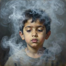 a beautiful portrait of a 2 5 years old spaced out tripping indian stoner boy surrounded in a lot of dense smoke, head and upper body only, by john singer sargent, by greg rutkowski, oil on canvas, trending on artstation, masterpiece, brilliant cold lighting, detailed, 8 k