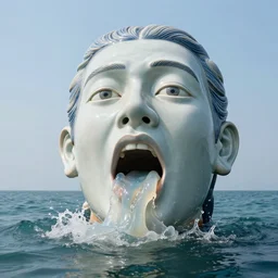 a massive porcelain sculpture of a surreal distorted human face vomiting jelly on the ocean water, in the style of johnson tsang, funny sculpture, lucid dream series, cinematic, hyper - realistic, very detailed, realistic water splashes, ray tracing, 8 k resolution, long - shot, sharp focus, low angle, 8 5 mm photograph, wide lens