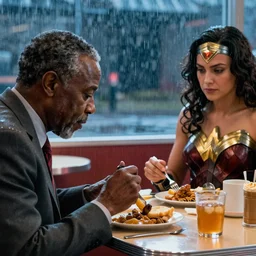 movie scene of an old black detective eating breakfast in a diner, cold lighting, rainy, wonder woman ( 2 0 0 8 )