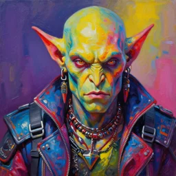 an apocalyptic scifi orcish biker character posing, psychedelic vibrant colors, futuristic punk rock fashion, oil painting by michael whelan art, perfect face, sharp focus, detailed eyes, realistic, 8 k