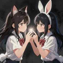 “ anime, a cat - eared high school girl and a rabbit - eared high school girl are fighting, light and shadow effects, intricate, highly detailed, digital painting, art station, concept art, smooth, sharp focus, illustration, advanced digital anime art, atmospheric lighting, detailed face, by makoto shinkai, stanley artgerm lau, wlop, rossdraws, art by artgerm and greg rutkowski and alphonse mucha and william - adolphe bouguereau, craig mullins, j. c. leyendecker ”