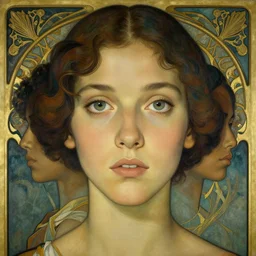 an art nouveau, ( streamline moderne ), multi - racial portrait in the style of magali villenueve. very large, clear, expressive, and intelligent eyes. centered, ultrasharp focus, dramatic lighting, photorealistic digital matte painting, intricate symmetrical ultra detailed background.