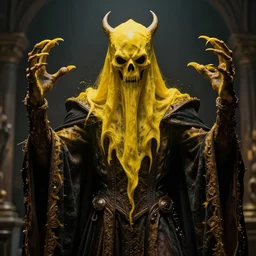 ghost of the king with 4 hands, yellow, head covered, scary, evil, cinematic, award winning, hd, art, hell, 3 d, depth of field, highly intricated, photorealistic, monster, victorian, goth