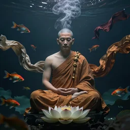 a wise monk meditating underwater, lotus pose, epic composition, fabrics flying around him, smoke, dark, mysterious, colourful fish, high detail, professional photography, 5 0 mm lens