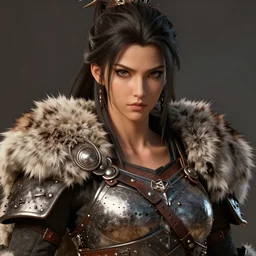 close - up headshot portrait of a gorgeous semi realistic anime barbarian woman, plated fur leather armor, chest plate, highly detailed, muscular, very beautiful face, digital art, pixiv fanbox, trending on artstation, ray tracing, volumetric lighting, sharp focus, unreal engine 5, octane render, by greg rutkowski, wlop, miyazaki hayao