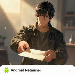 Medium shot of a mysterious man handing over a letter, digital illustration, Android Netrunner