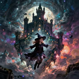young novice witch flying looming castle into the great unknown 4 k high definition artstation trending path traced contrast light and dark colorful bokeh massive scale cinematic breathtaking lovecraftian horror fantasy nightmare, art by greg rutkowski