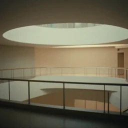 noisy color photograph of a retrofuturist liminal space, looking over an indoor balcony, minimalist, cinematic, soft vintage glow
