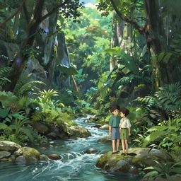 Rendering of a scene inside a beautiful jungle canyon with a river flowing in between, by Makoto Shinkai and thomas kinkade, fantasy matte painting, trending on cgsociety and unreal engine, light effect, highly detailed, super wide angle