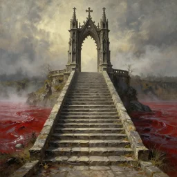long stone stepts. a gorgeous landscape painting of a lonely magnificent gothic gate to the hell above the long stepts, by barlowe wayne, maxfield parrish and marco mazzoni, 3 d, octane render, turbulent blood lake, fog, 8 k.