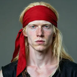 photo portrait of an rugged albino african pirate with a red headband, young adult, thin blonde mustache, afro blonde hair, stern face, rugged and dirty, cinematic lighting at sundawn, movie color grading