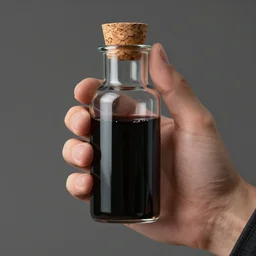epic professional digital art of a hand holding a corked vial of viscous black liquid; best on artstation