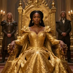 portrait | Elegant dark skinned queen wearing a golden brocade dress| high fantasy | d&d | dragon age | jeff easley, greg rutkowski, pino daeni | volumetric lightings | in throne room | majestic and warm |