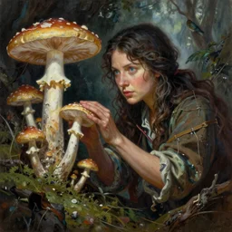 A mixed media portrait painting of a beautiful mycologist woman discovering a  ghost-mushroom grove, detailed Aesthetic! face and eyes, slavic, by Frank Frazetta, Greg Rutkowski, Beeple, Boris Vallejo, Christian MacNevin, epic fantasy character art, high fantasy, CGsociety, full length, exquisite detail, post-processing, masterpiece, cinematic