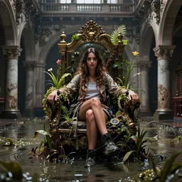 an young urban explorer woman, alone, in an empty dark flooded buckingham palace, sitting on the submerged throne, overgrown with aquatic plants