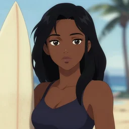 dark skin surfer girl, anime, detail