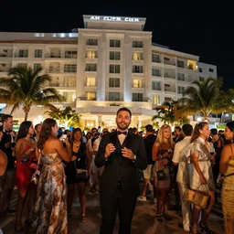 a hotel in cancun run by termites grand opening at night, news footage