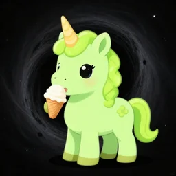 lime green unicorn, eating an ice cream, cherry on top, digital painting, black hole background, 8 k