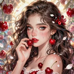 the portrait of the absurdly beautiful, graceful, elegant, gorgeous, fashionable photorealistic anime european woman made of cherries and white petals with tears, an ultrafine hyperdetailed illustration by kim jung gi, irakli nadar, intricate linework, bright colors, octopath traveler, final fantasy, unreal engine highly rendered, global illumination, radiant light, intricate environment