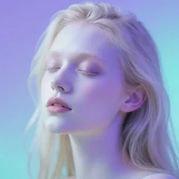 out of focus photorealistic portrait of a beautiful aesthetic blonde pale woman by sarah moon, very blurry, translucent white skin, closed eyes, foggy, violet and aqua neon lights