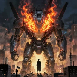 giant mayan cyberpunk mecha with flaming eyes standing over city, perfectly clear face, shadow of the colossus screenshot by j. c. leyendecker, simon stalenhag, studio ghibli, and beksinski
