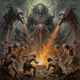 oil paint of 1 1 flayed gods fighting spewtum, in tiers, colossal medical gangrene machines, dethroning, pit, by shigeru komatsuzaki, wayne d barlowe, stefano tamburini, ember light, muted colors, epic, hyper detailed, awe inspiring, award winning horror, narrative lighting, hyper realism, cinematic