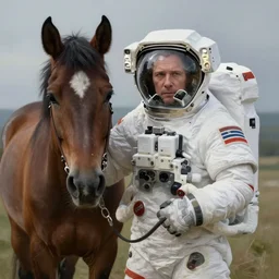 extremely realistic digital painting of an astronaut holding a horse by denis villeneuve