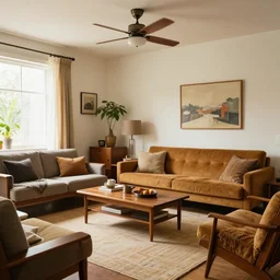 mid century modern american life style living room interior, photorealism, detailed