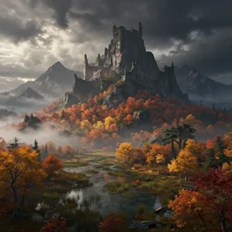 beautiful render of a autumn landscape, unreal engine, dark fantasy style, first light, majestic mountains, swamps, morning mist, dramatic clouds, big castle ruin, vibrant colors, stark contrasts, octane render, by greg rutkowski, cgsociety
