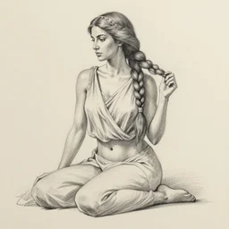 pencil sketch of a supple woman sitting and braiding her long hair. wearing garbs, greek aesthetic