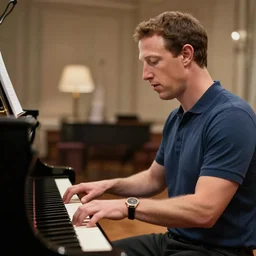 high quality photo of mark zuckerberg playing the piano, photography 4k, f1.8 anamorphic, bokeh, 4k, Canon, Nikon