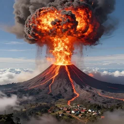 fantasy art : : digital art : : [ [ exploding volcano ] ] : : massive, sense of scale, in the distance, visual depth : : fire, lava : : small village at the base of the volcano : :