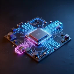 microchip schematic, 3d render, abstract, neon lights, photorealistic, istock