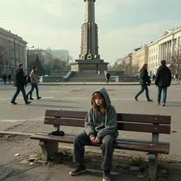 sadie sink in hoodie sits on bench in ruined square, pedestrians walk by, old soviet monument. storyboard, scifi cyberpunk. by gabriel hardman, joe alves, chris bonura. cinematic atmosphere, detailed and intricate, perfect anatomy