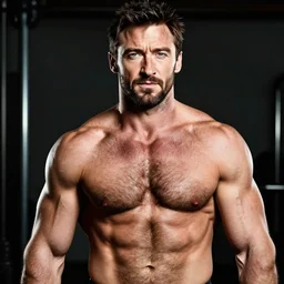hugh jackman as a bodybuilder, masculine, muscular, handsome, powerful, hairy torso, 4 k hd