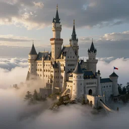 a fantasy castle in the clouds with flags waving, epic, high resolution, morning, albert bierstadt