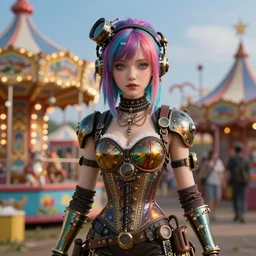 photorealistic soft paint render of a curiosities carnival, single young beautiful dollpunk in a full steampunk corset, cyberpunk dyed haircut, symmetry accurate features, focus, rainbow lighting, very intricate details, award winning masterpiece, by tom bagshaw