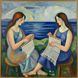 women weaving the tapestry of life by the ocean, abstract art in the style of cubism and georgia o keefe