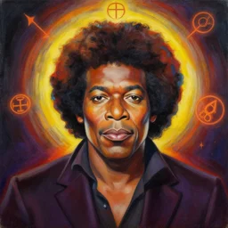 portrait of james brown by mandy jurgens, cartoon, oil painting, visionary art, symmetric, magic symbols, holy halo, dramatic ambient lighting, high detail, vibrant colors,