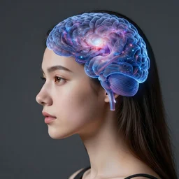 Portrait shot of a beautiful girl with a nebula representing neurology beautifully emulating from her head