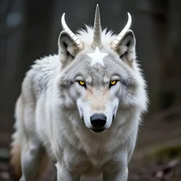 a giant grey wolf with a white main and two unicorn horns on its head, a white star shape on his four head, yellow eyes, beautiful, ultra realistic, great wolf, unreal engine 5, dynamic lighting, highly detailed, lightning around 9